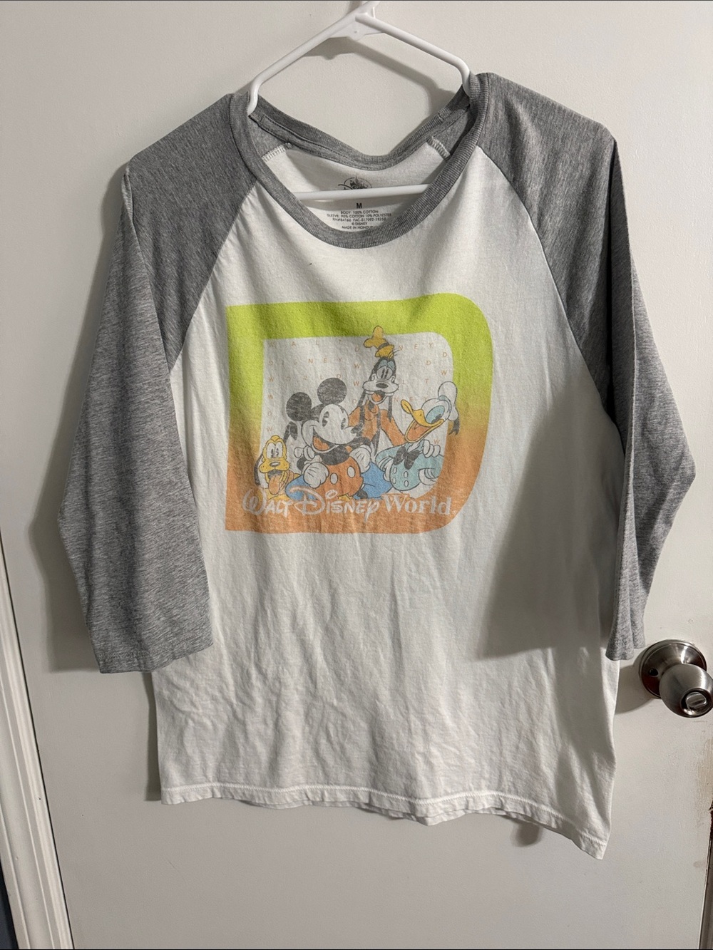 Disney White Raglan Tee with Gray Sleeves and Retro Character Print